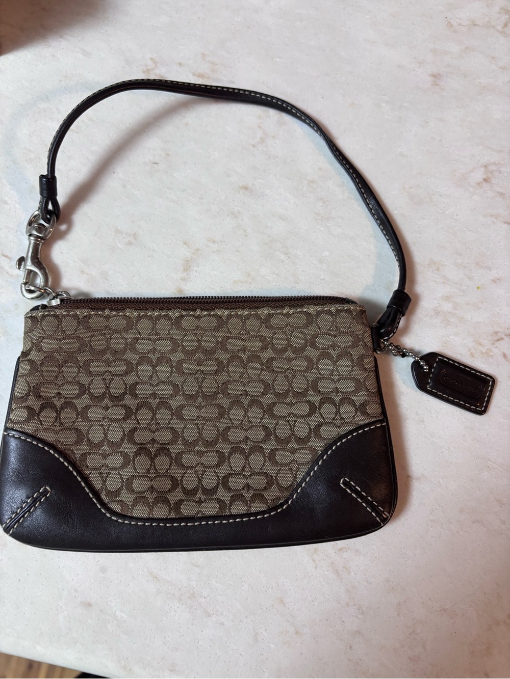 Coach Brown Signature Canvas Wristlet with Dark Brown Leather Trim
